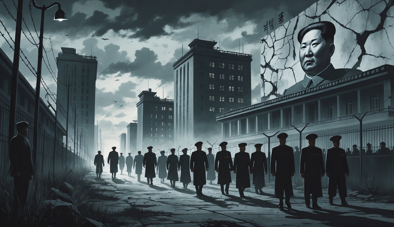 A dark city scene showing shadowy figures being led away by guards near government buildings and barbed wire fences under a cloudy sky.