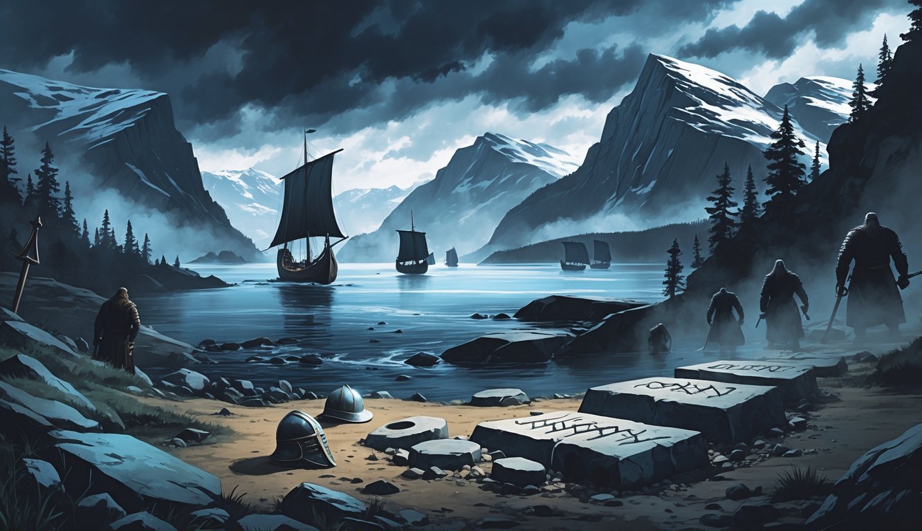 A coastal Norwegian landscape with Viking ships near fjords, an archaeological dig uncovering ancient artifacts, and faint figures of explorers and mythical creatures in the mist.