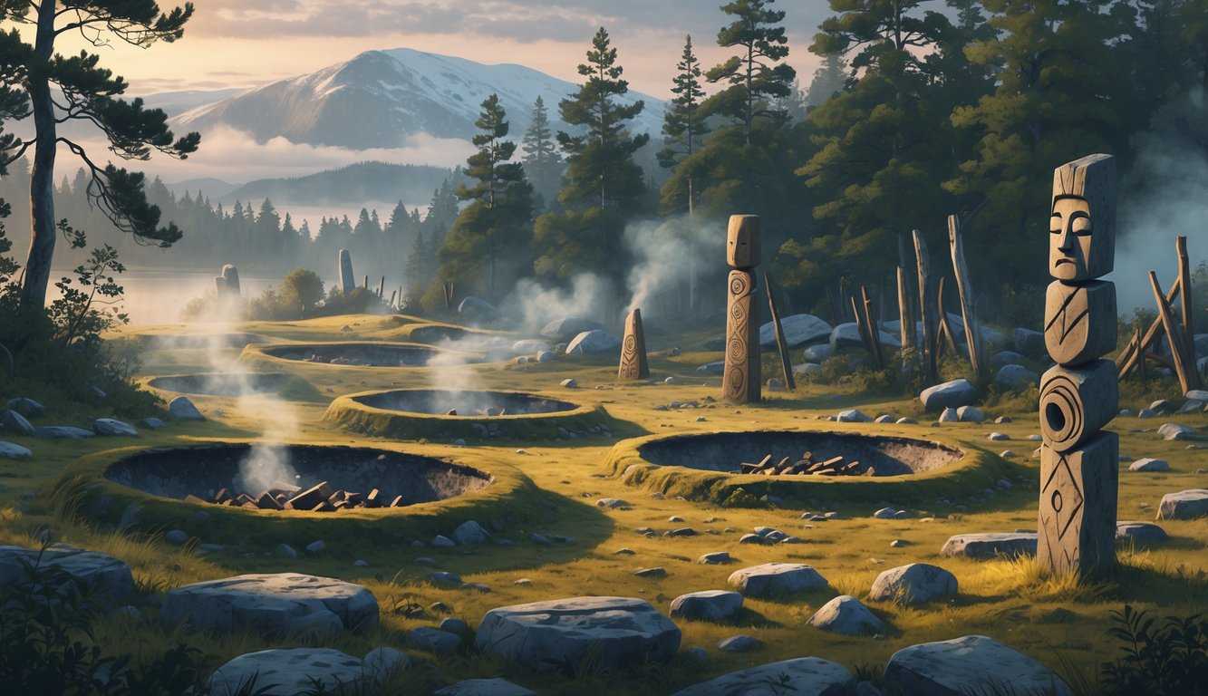 An ancient forest clearing in Norway with large earth pits, standing stones, wooden totems, and surrounding trees under a misty sky.