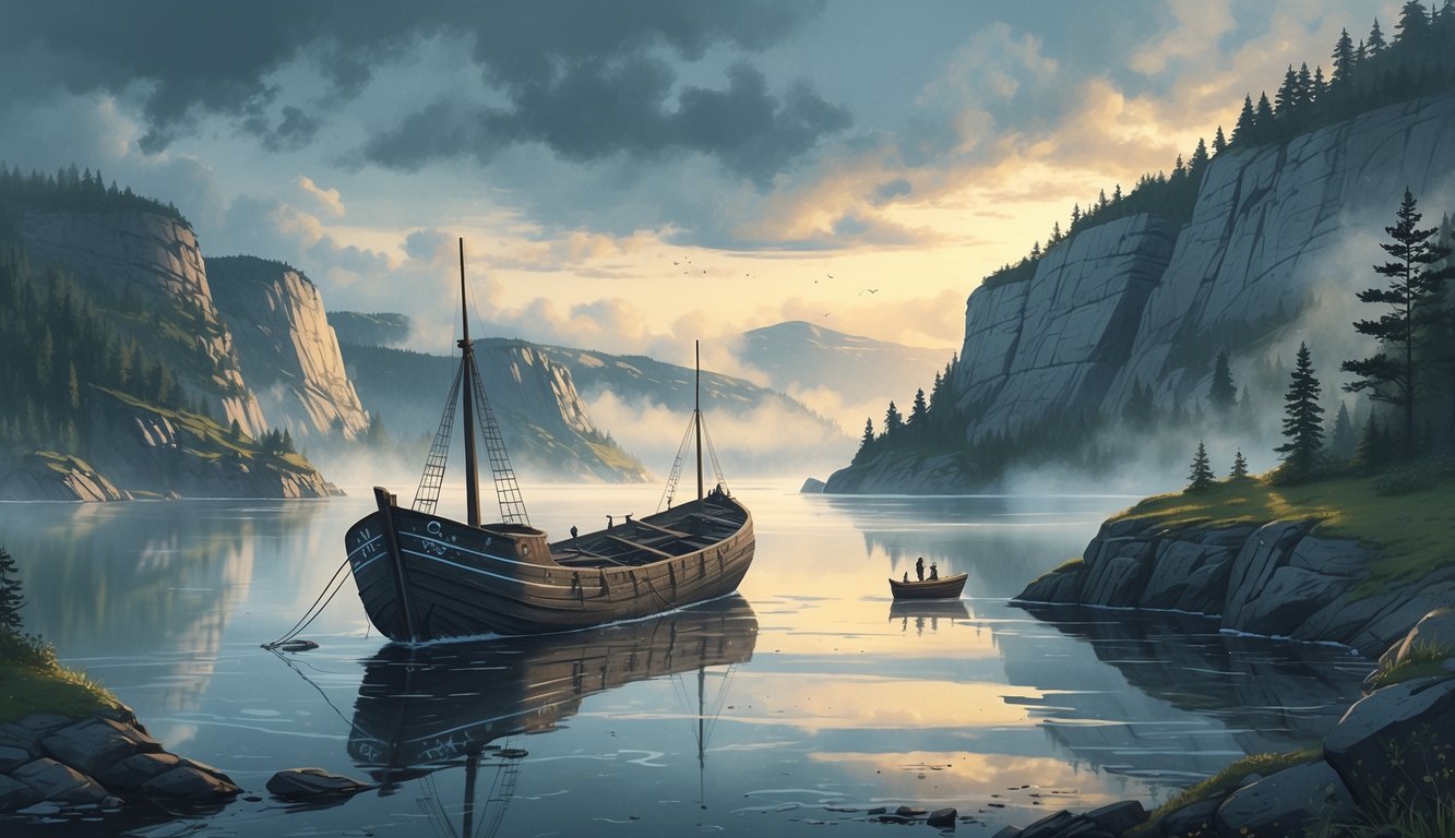 A misty Oslofjord scene at dawn showing a partially sunken old wooden shipwreck near rocky cliffs and pine forests, with a small fishing boat nearby and mountains in the distance.