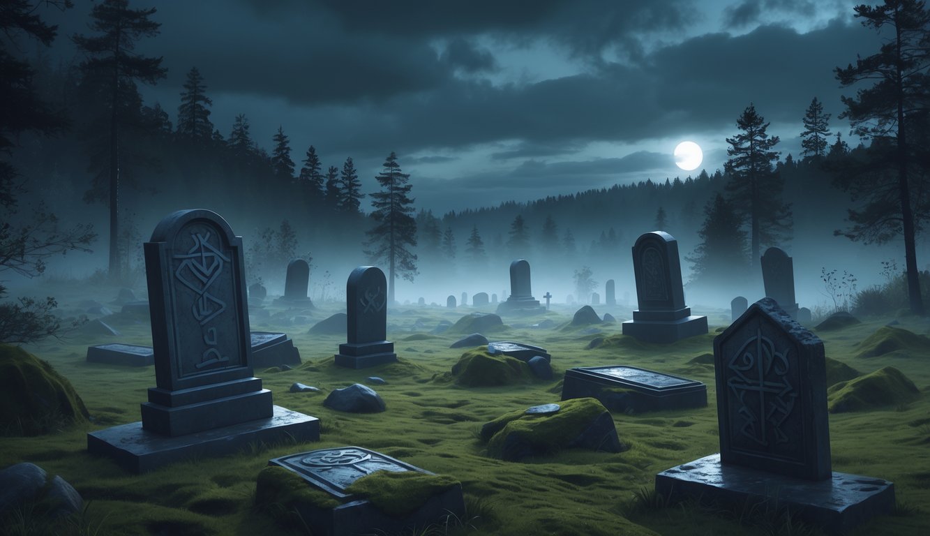 A foggy Norwegian graveyard at dusk with ancient stone graves surrounded by dark pine trees and a cloudy sky.