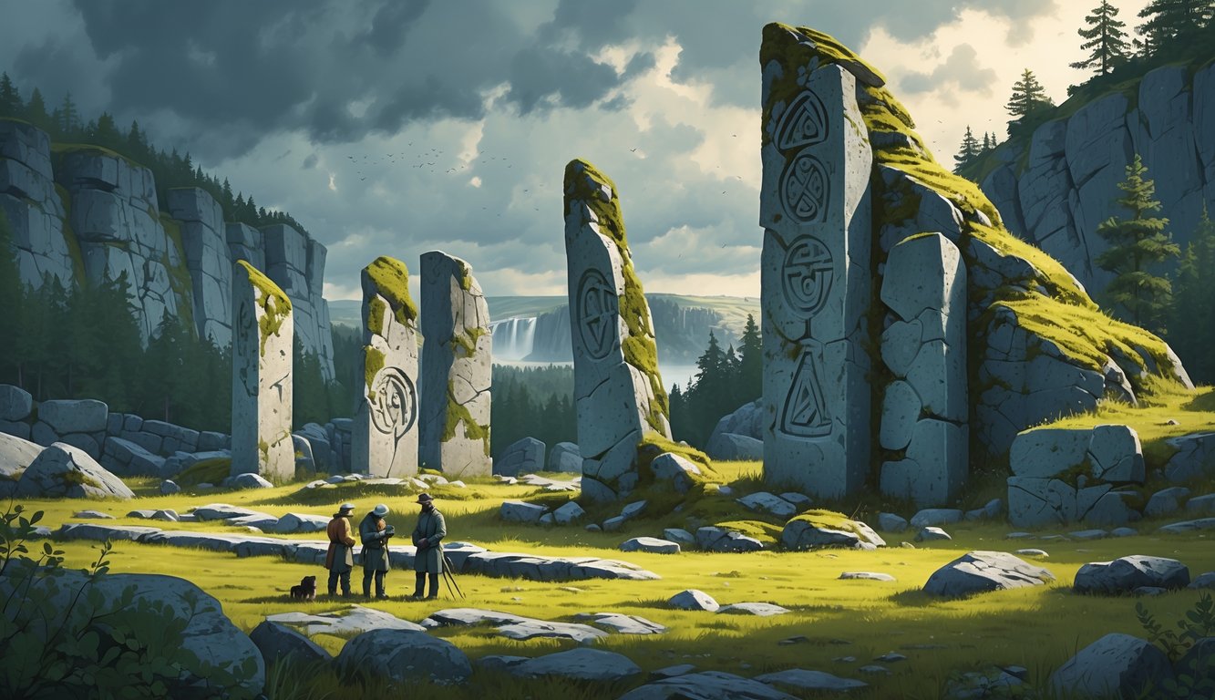 Ancient stone ruins surrounded by forest and cliffs with archaeologists examining the site under a cloudy sky.