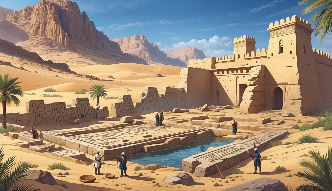 An ancient desert landscape in Oman with ruins, a traditional fortress, scattered artifacts, and explorers examining the site under a clear sky.