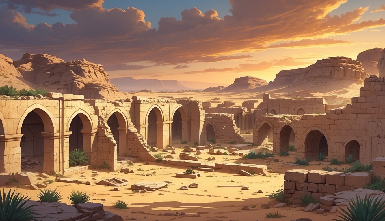 Ruins of an ancient city with stone arches and walls surrounded by desert landscape and palm trees under a warm sunset sky.