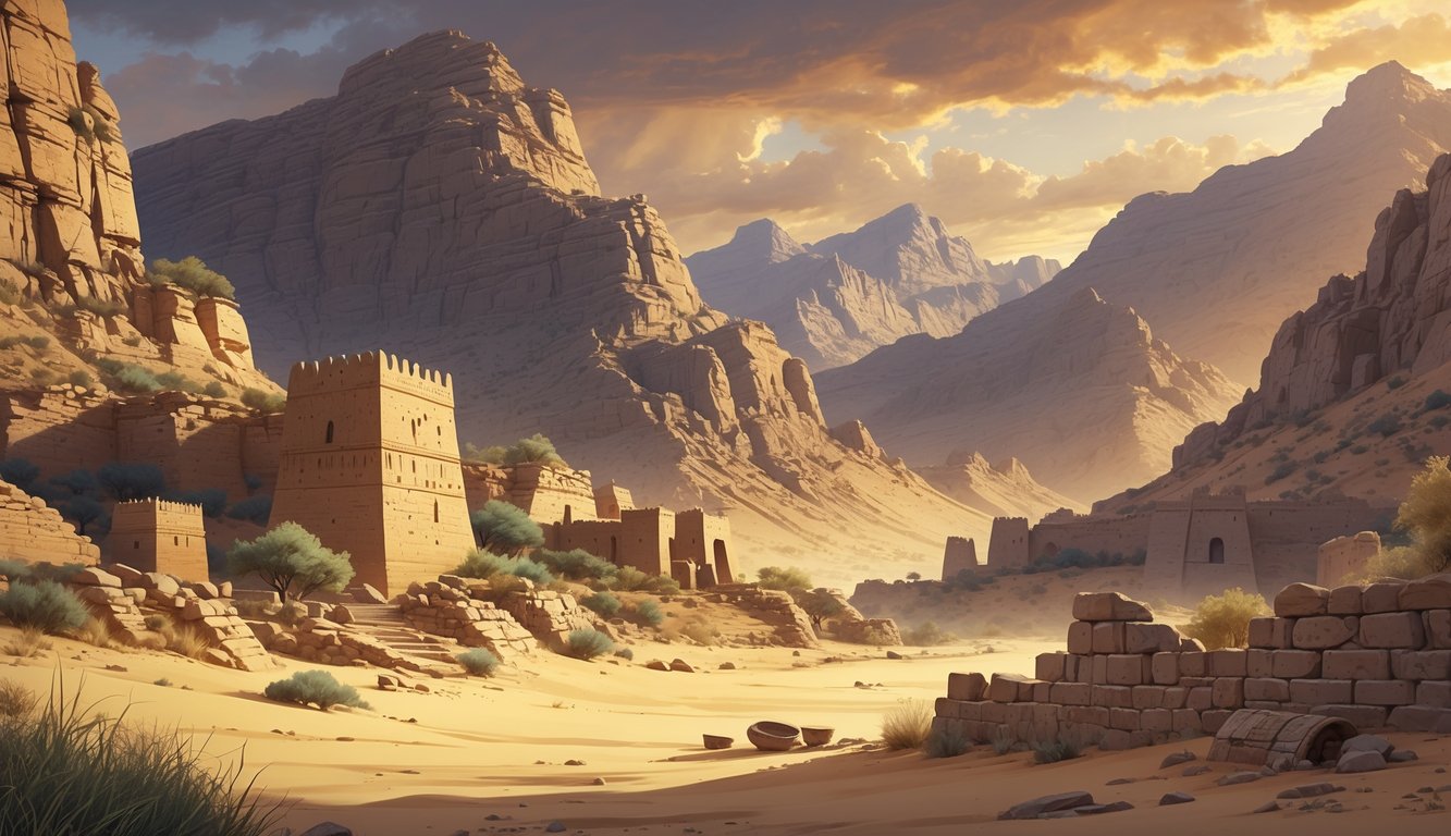 A mountainous landscape in Oman with ancient stone ruins and artifacts scattered among rocky terraces under a golden sky.