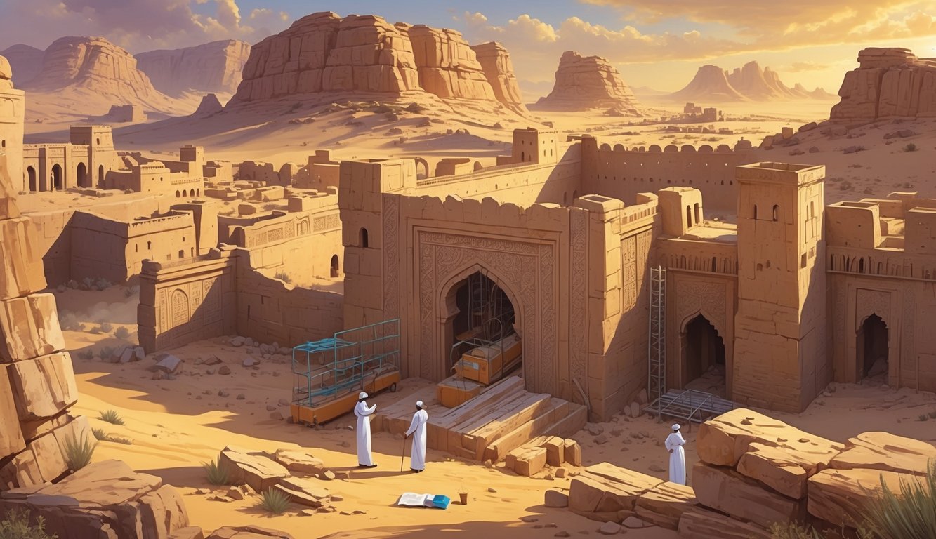 People restoring ancient stone ruins and forts in a desert landscape with rock carvings and desert sunset.