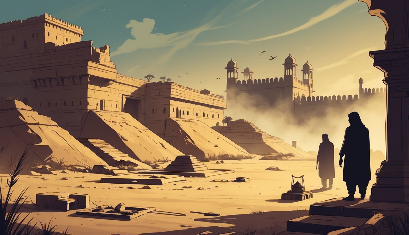 An illustration showing ancient ruins, mysterious artifacts, and historic forts in Pakistan, suggesting hidden secrets from the past.
