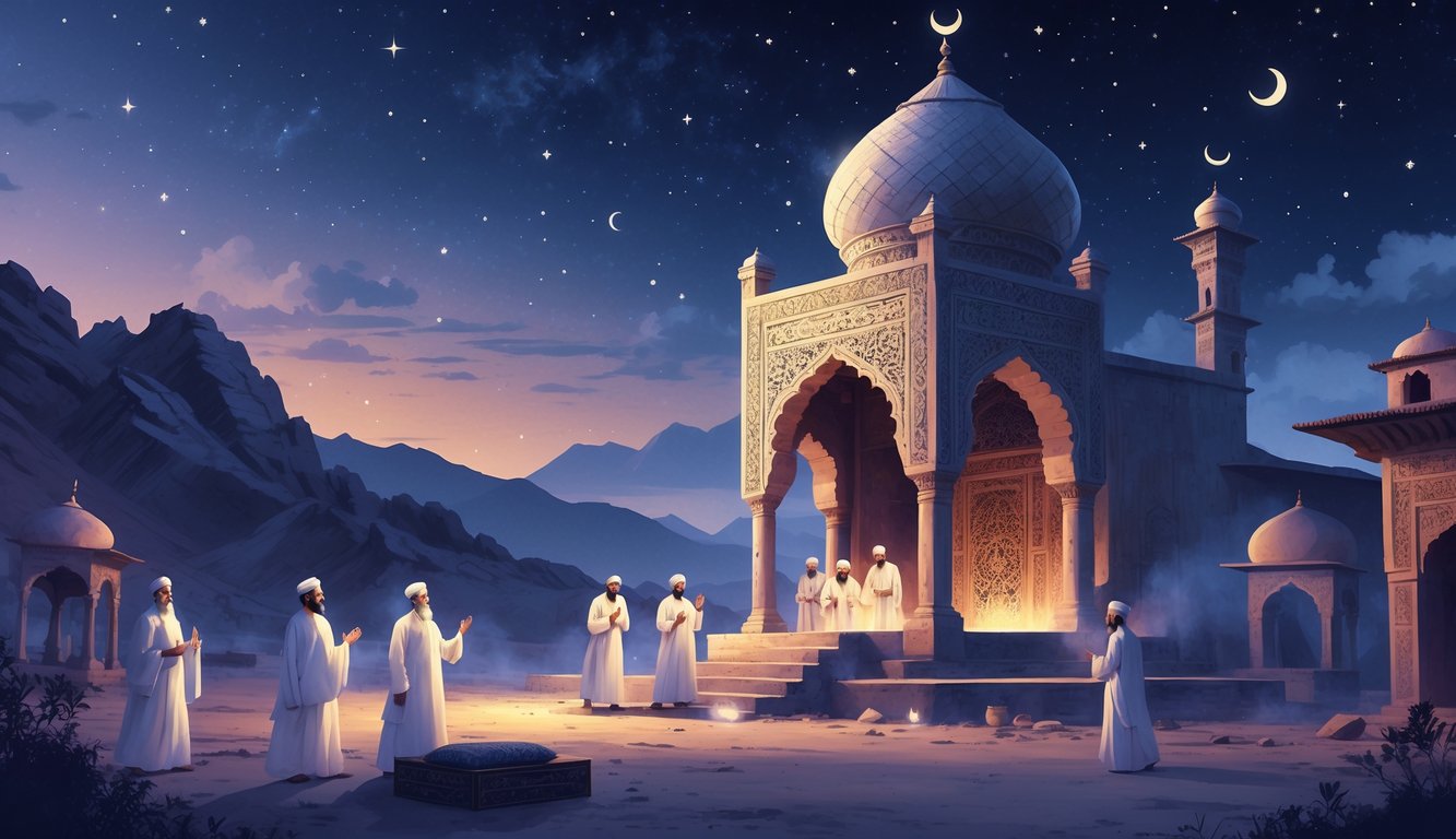 A night scene showing an ancient Sufi shrine in Pakistan with ghostly figures of saints around it, set against mountains and a starry sky.