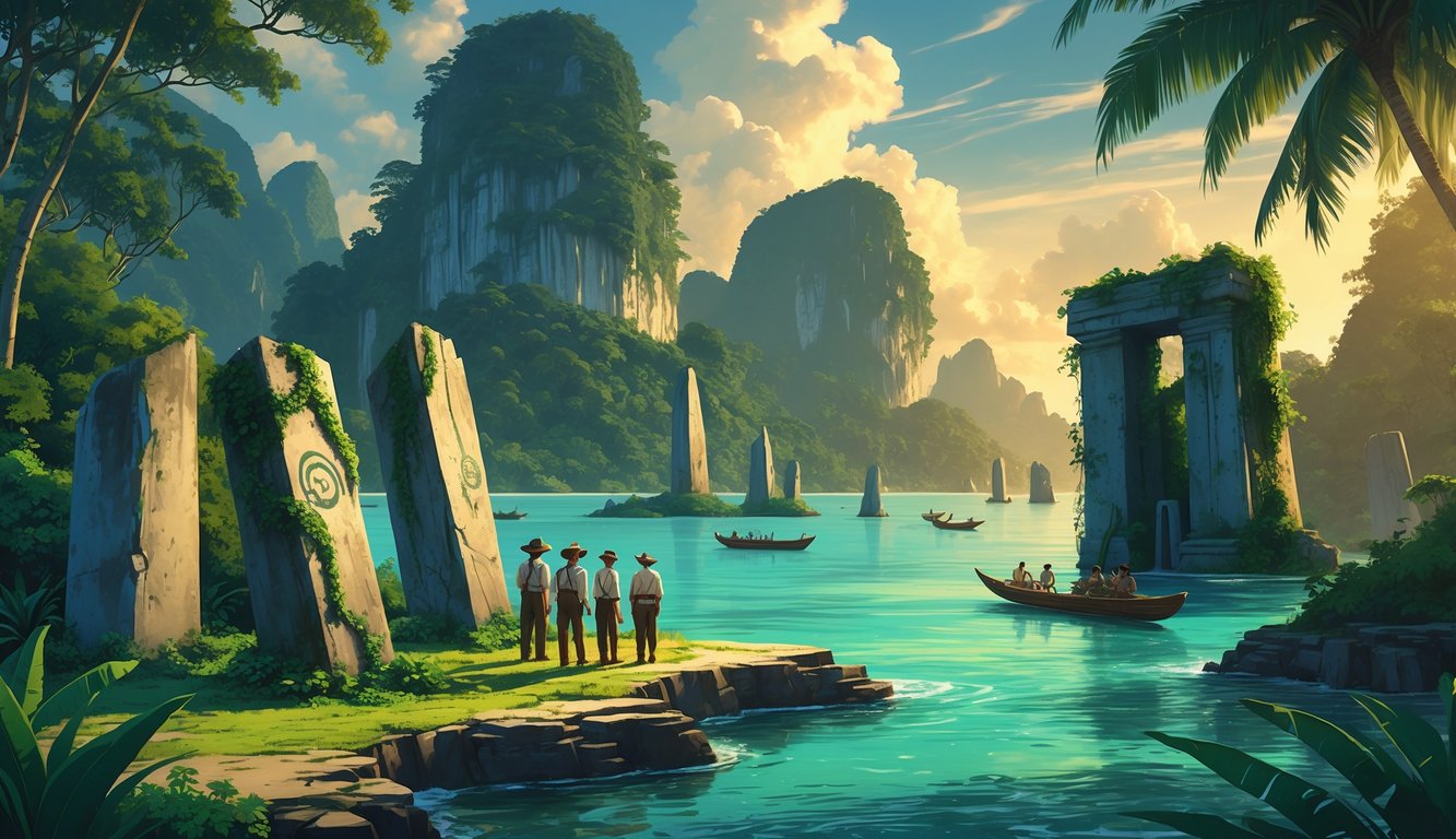 A tropical island with ancient stone ruins, explorers examining them, traditional canoes on the water, and dense jungle in the background.