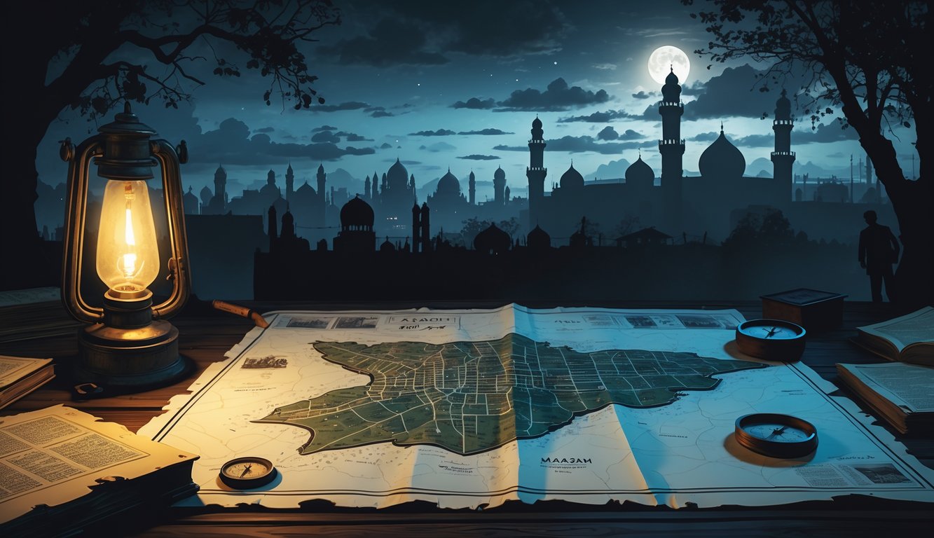 A dimly lit table with an old map of Karachi surrounded by historical artifacts, with the Karachi skyline and a crescent moon in the background under a cloudy twilight sky.