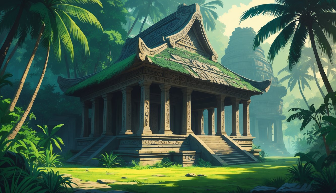 An ancient traditional meeting house in Palau surrounded by dense tropical jungle and tall palm trees, with mist and shadows creating a mysterious atmosphere.