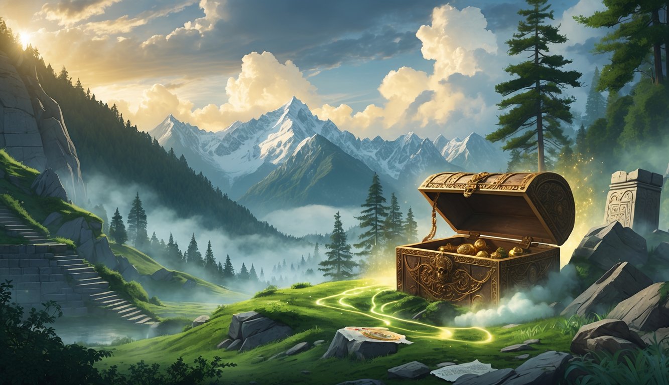 A treasure chest buried in green mountains with snow-capped peaks and ancient stone ruins nearby, surrounded by mist and dense forests.