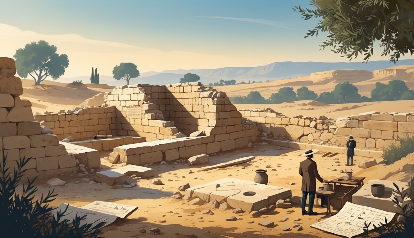 An archaeological site in Palestine with ancient ruins, archaeologists examining artifacts, and a desert landscape with olive trees and hills in the background.