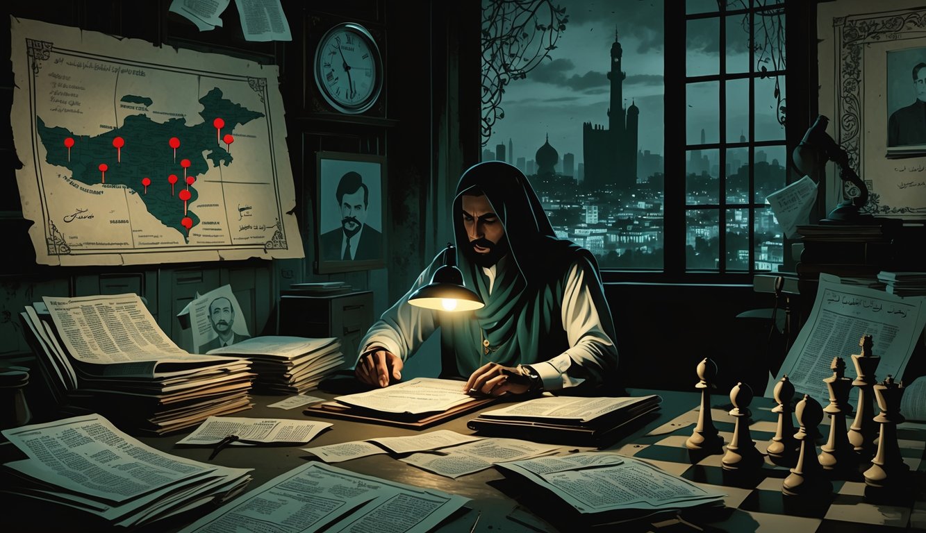 A shadowy figure in traditional Pakistani clothing examines documents in a dimly lit study filled with maps and newspaper clippings, with a nighttime cityscape of Islamabad visible through a window.