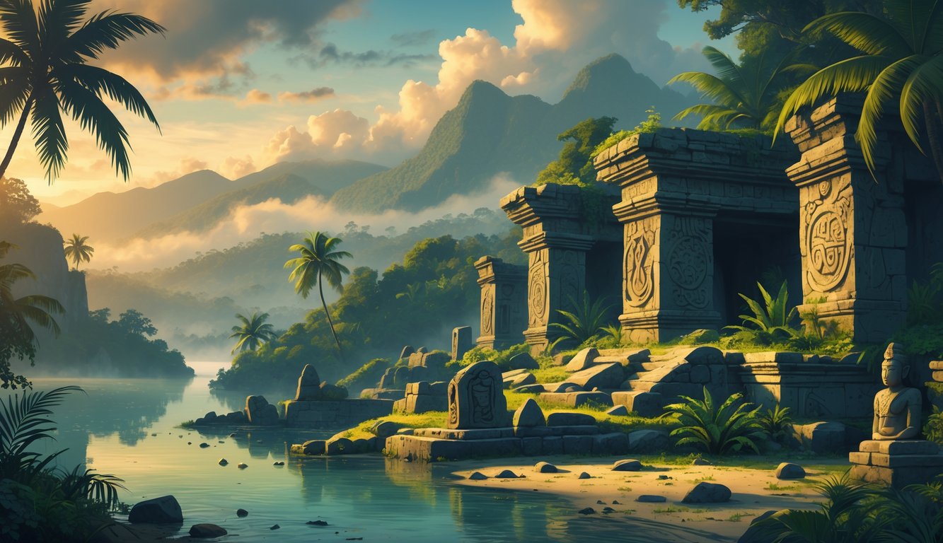Ancient stone ruins overgrown with tropical plants near a calm lagoon, surrounded by jungle and mountains under a dawn sky.
