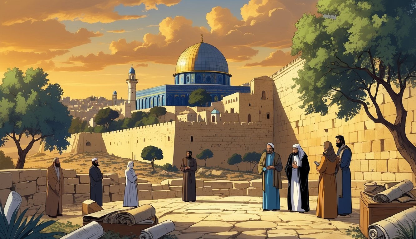 A scene showing ancient landmarks and diverse people from different religious communities in historic Palestine, surrounded by ruins and artifacts under a golden sunset.
