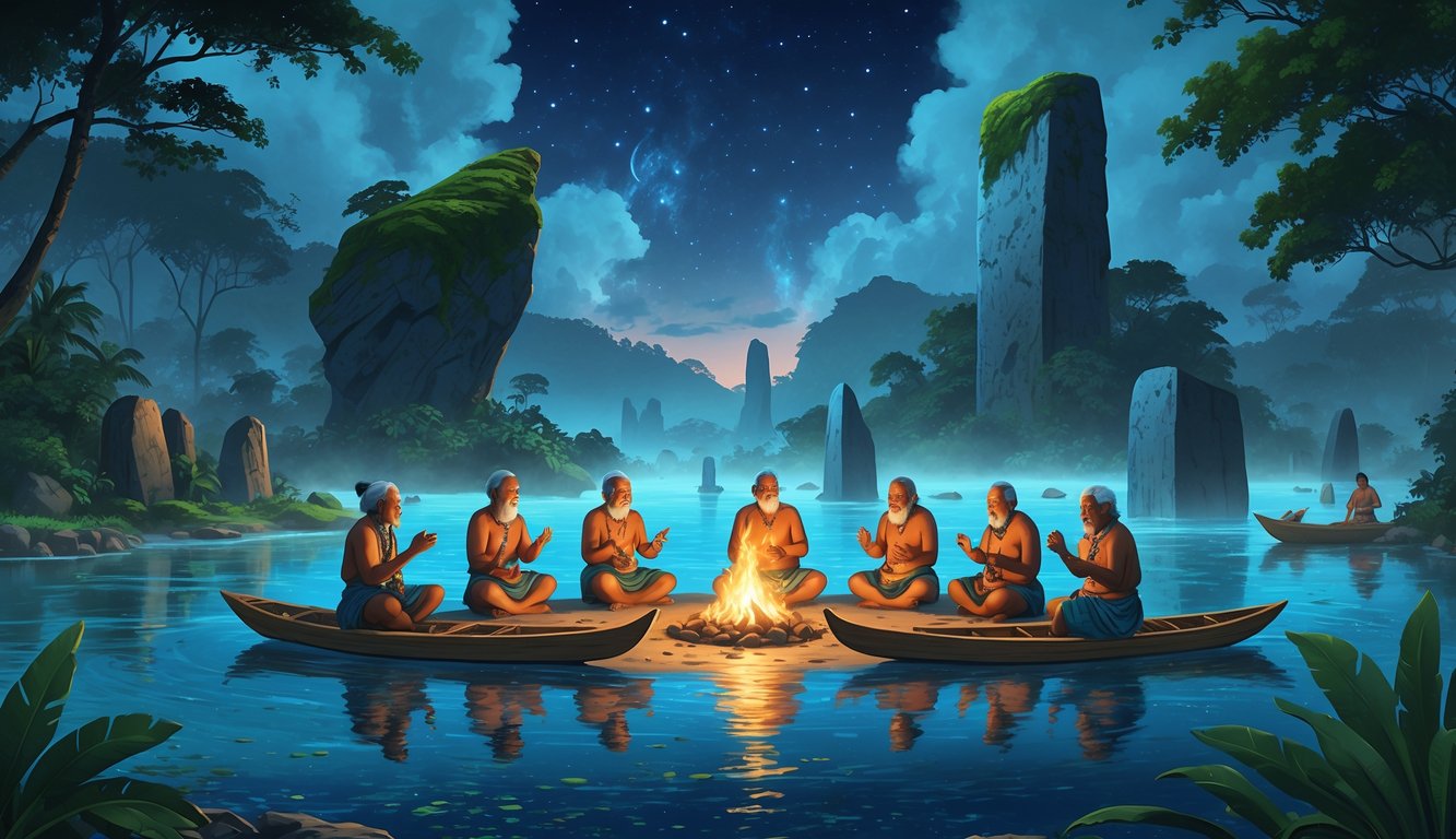 A group of Palauan elders in traditional clothing telling stories around a fire near ancient stone structures on a tropical island with canoes on the water and mystical figures appearing in the mist.