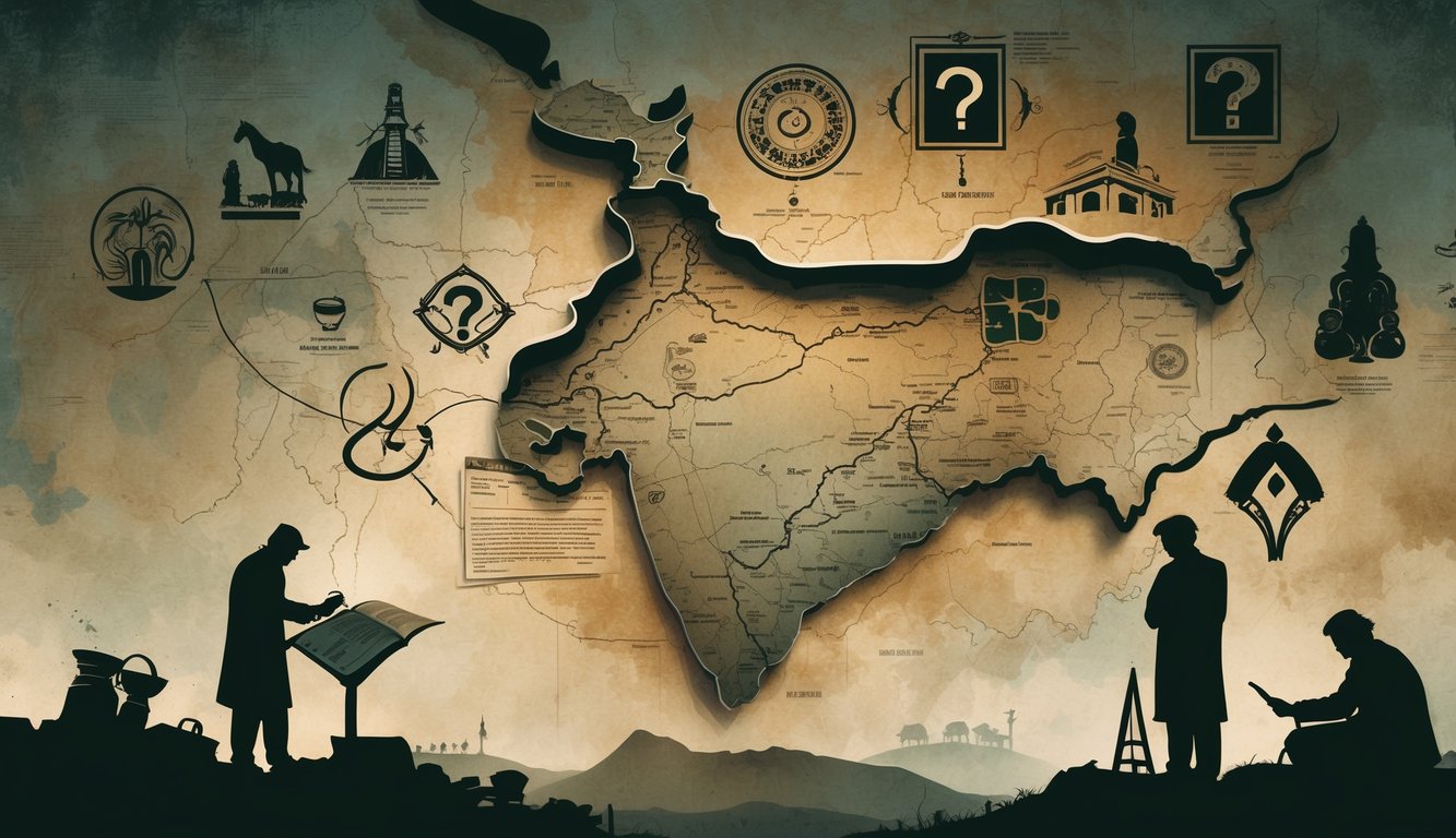 An illustration showing an ancient map of Pakistan with symbols representing historical mysteries, surrounded by faint images of landmarks and figures studying artifacts.