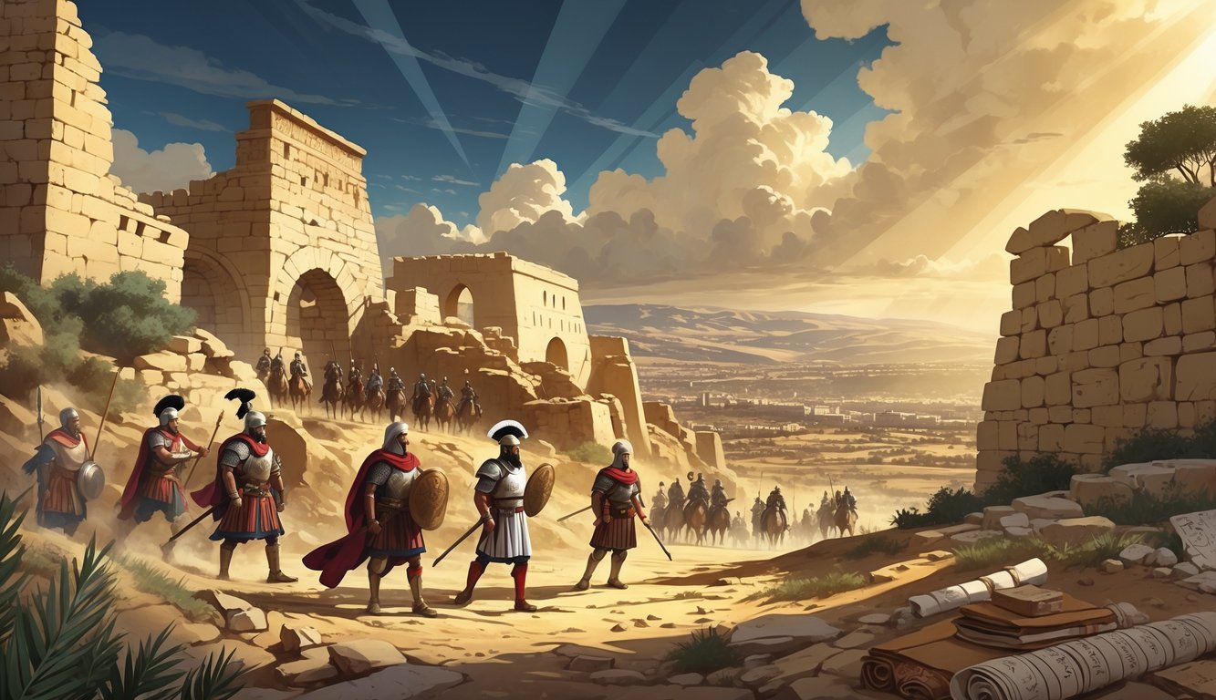 An ancient landscape showing ruins, soldiers from different historical empires, and archaeological artifacts representing the history and conquests in Palestine.