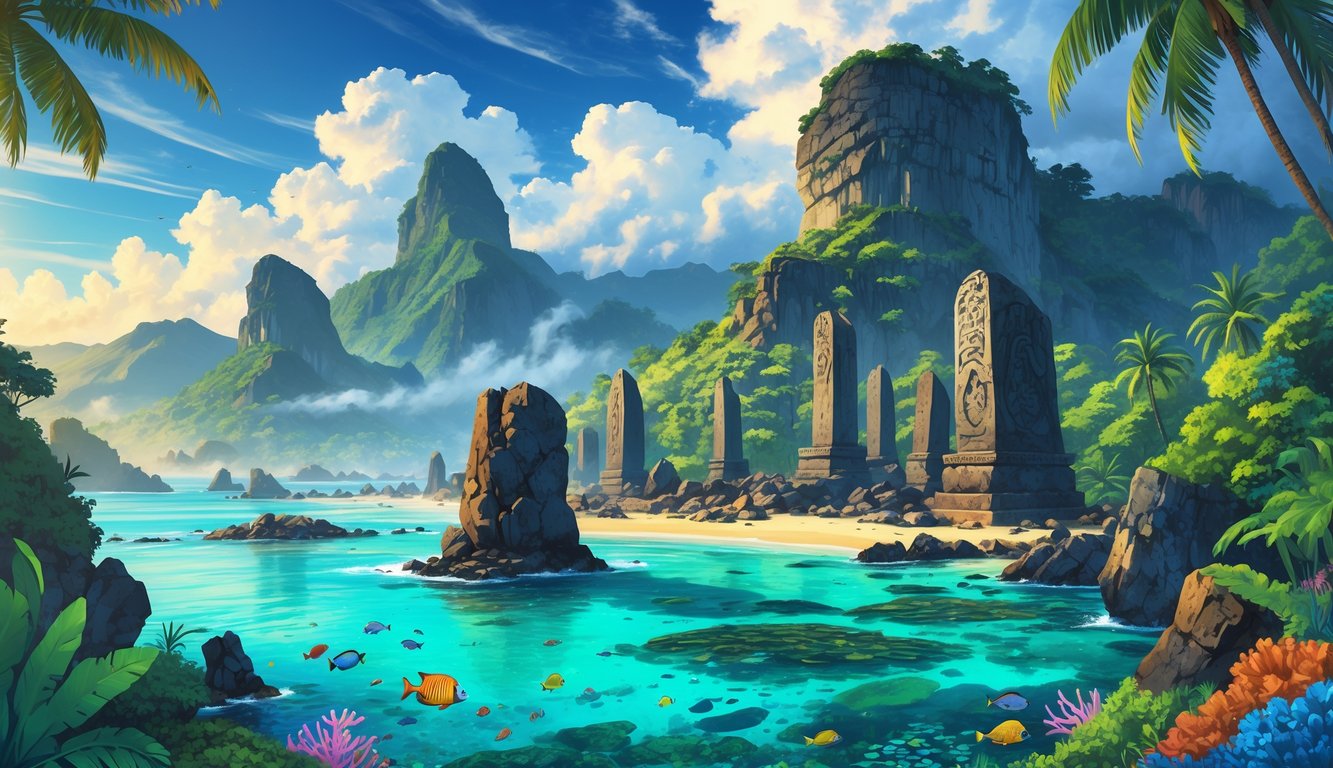 Volcanic islands with rocky cliffs, tropical forest, ancient stone ruins, and clear blue water with coral reefs and fish.