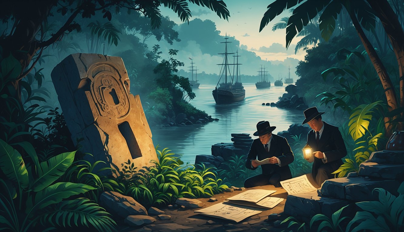 A scene showing an ancient stone artifact in a jungle near the Panama Canal with explorers examining maps and mysterious ruins in the background.