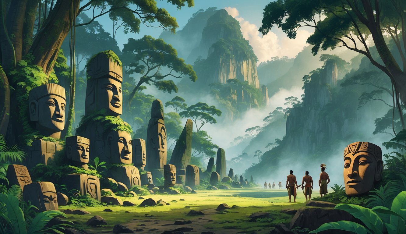A dense tropical rainforest in Papua New Guinea with ancient stone carvings, mysterious artifacts, misty mountains, and indigenous people exploring the area.