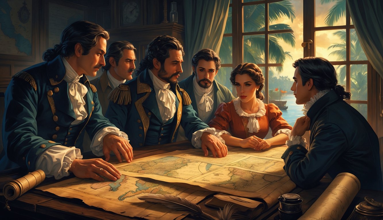 A group of historical figures in 19th-century clothing gathered around a table with maps and documents, whispering secretly in a dimly lit room with a view of tropical plants outside.