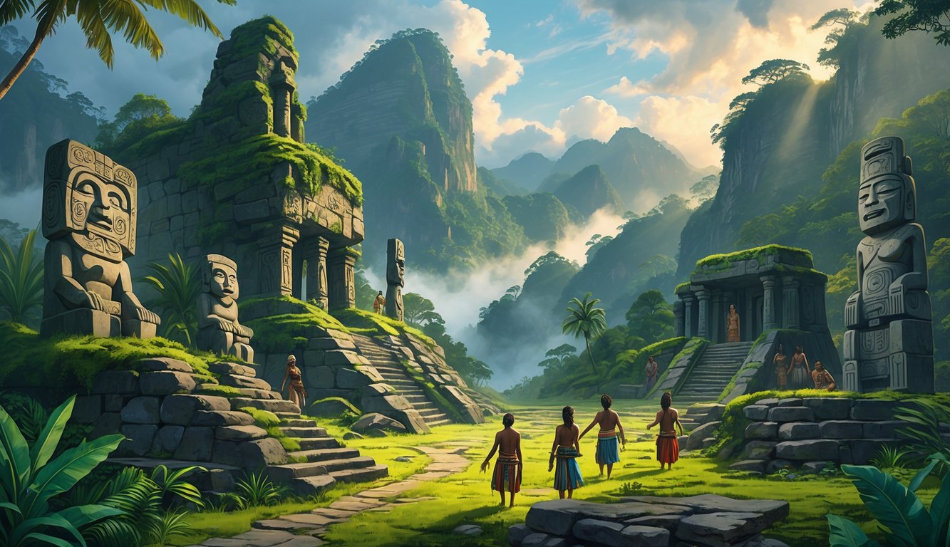A lush tropical mountain landscape with ancient stone ruins, carved statues, and indigenous people in traditional clothing exploring the area.