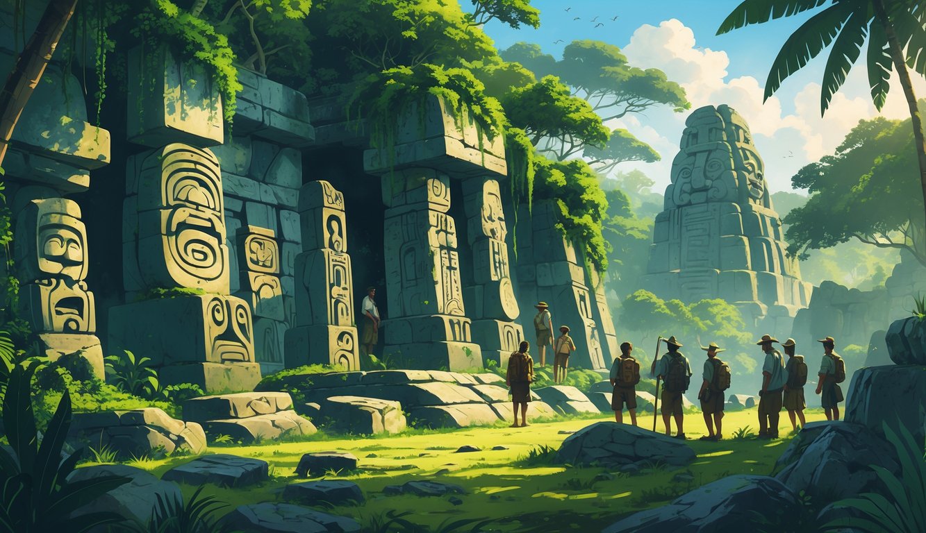 A group of explorers examining ancient stone ruins surrounded by dense jungle and traditional tribal huts in Papua New Guinea.