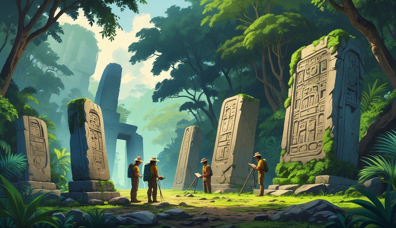 A jungle scene in Panama with ancient stone artefacts and carved inscriptions surrounded by archaeologists examining them near hidden ruins.
