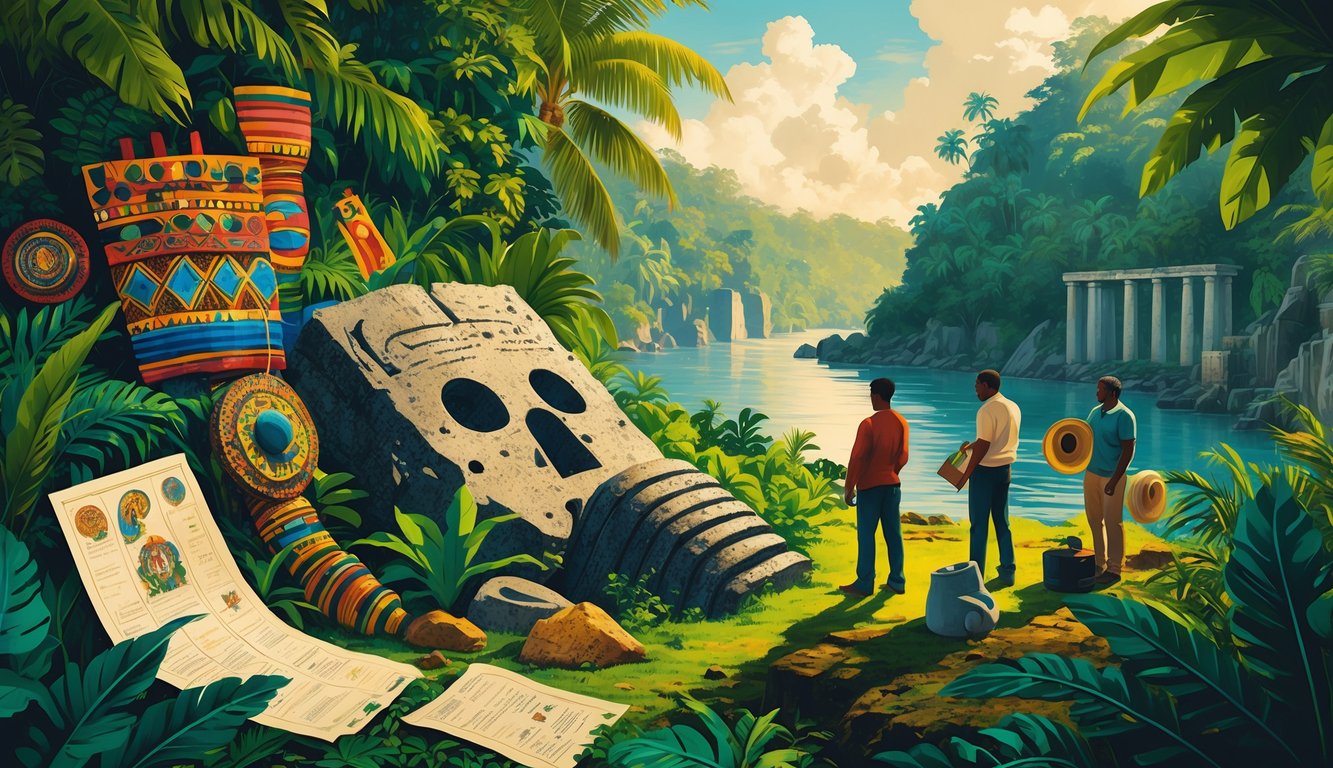 A scene showing diverse people exploring ancient artifacts and ruins in a tropical jungle near the Panama Canal, surrounded by cultural symbols from Panama's indigenous, colonial, and Afro-Caribbean heritage.