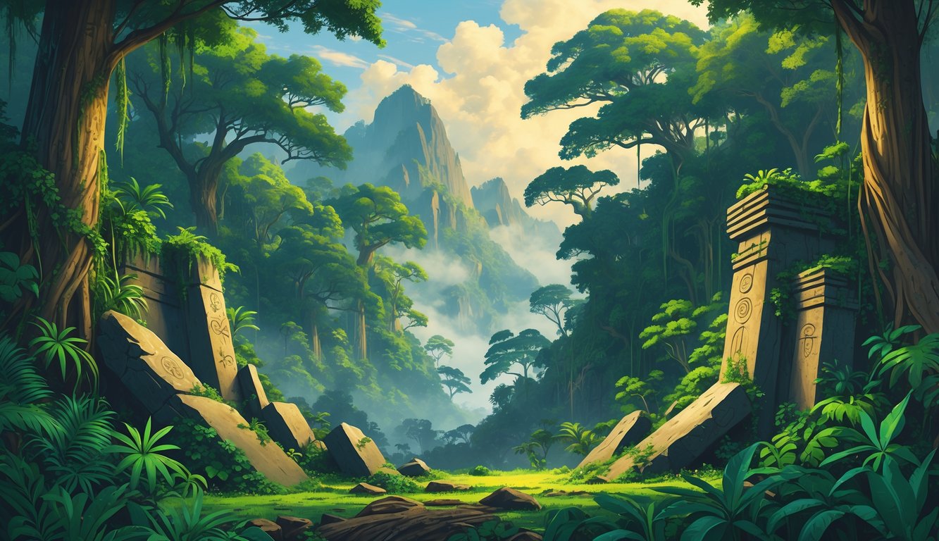 A dense rainforest in Papua New Guinea with ancient stone ruins and carved wooden artifacts partially hidden among trees and foliage, with mountains in the background.