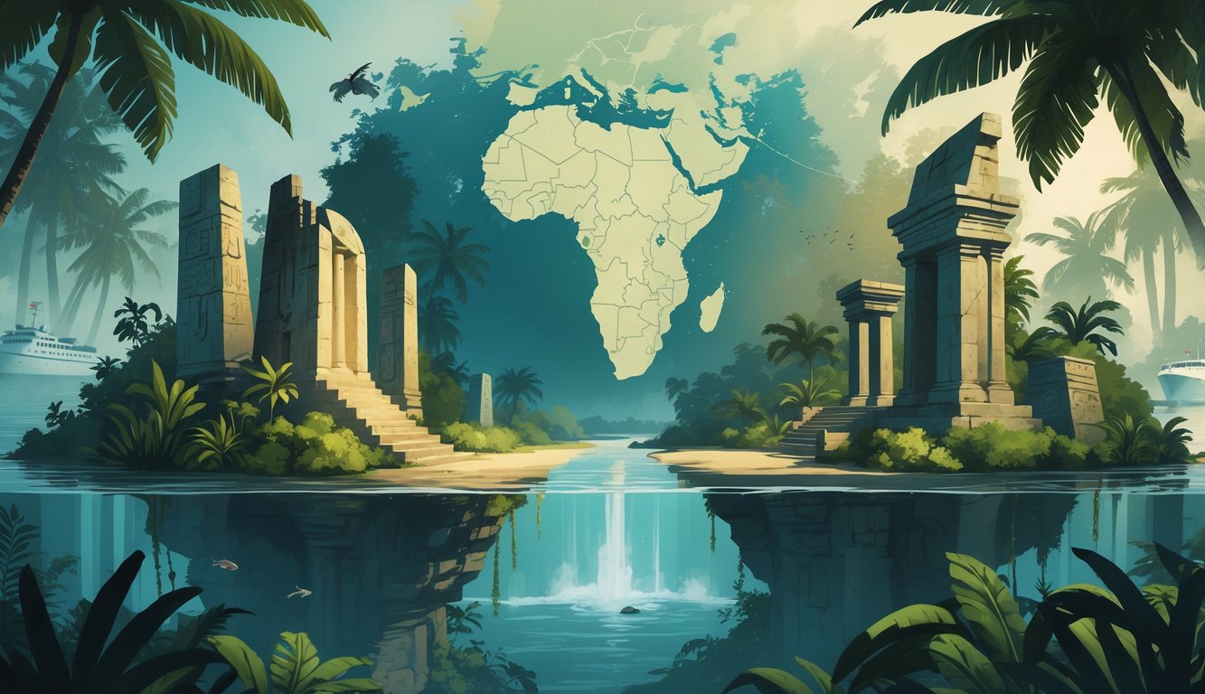 A map of Panama surrounded by ancient ruins, mysterious artifacts, explorers, jungle, and the Panama Canal, symbolizing historical mysteries connected to the country.