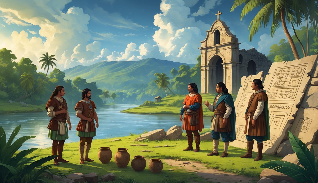 A scene showing indigenous people and Spanish explorers meeting near a river in a forested area, with ancient artifacts and a partially ruined colonial church in the background.