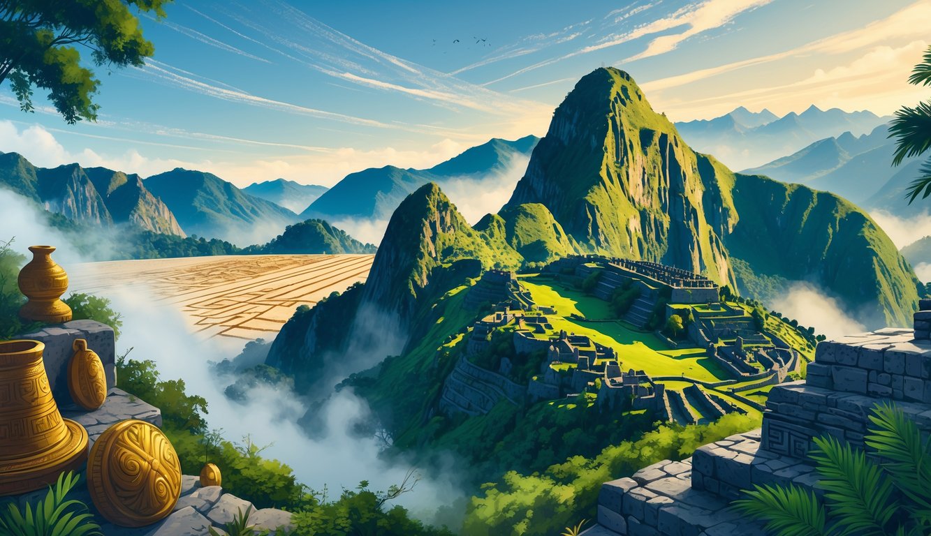 A landscape showing the Nazca Lines, Machu Picchu ruins in the mountains, dense jungle hinting at a lost city, and ancient Incan artifacts.