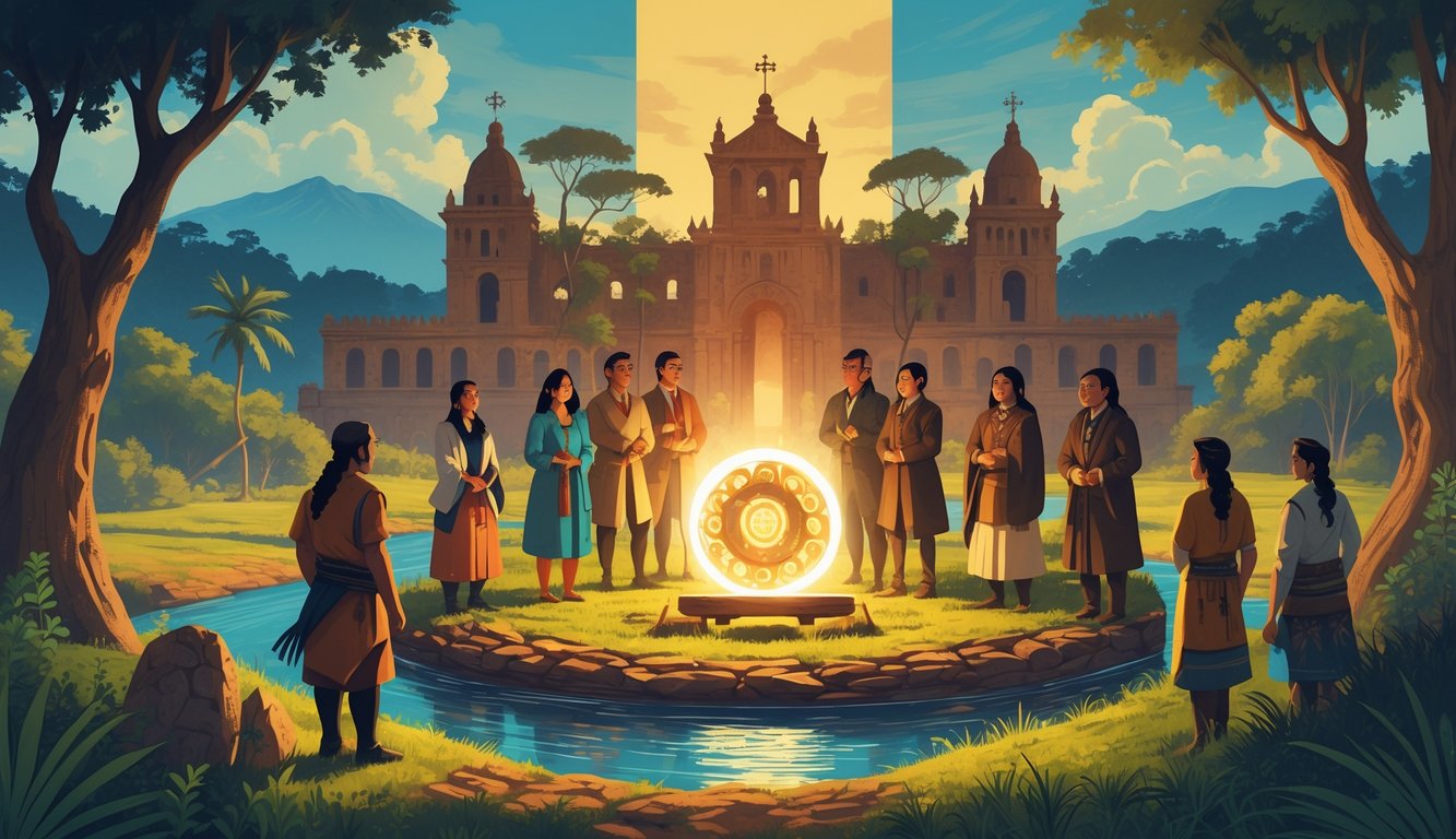 A group of Paraguayan people surrounded by historical landmarks, indigenous patterns, and a glowing ancient artifact set against a lush landscape with river and forest, symbolizing Paraguay's cultural heritage and historical mysteries.