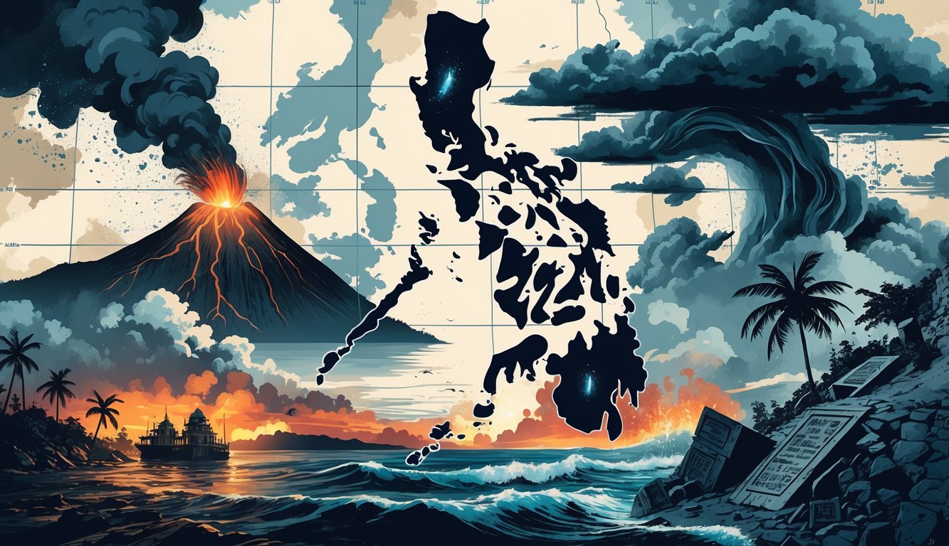A collage showing a volcanic eruption, a typhoon with dark clouds and waves, an earthquake with cracked ground and damaged buildings, and a mysterious ancient artifact, all set against a faint map of the Philippines.