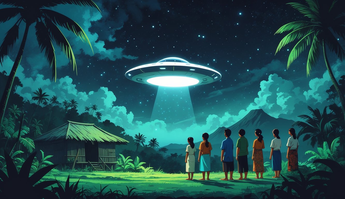 A nighttime tropical Philippine scene with villagers looking up at a glowing flying saucer-shaped UFO hovering above palm trees and mountains.