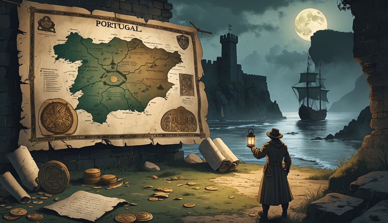 A scene showing an ancient map of Portugal, a person with a lantern near castle ruins, a ship at sea under moonlight, and scattered historical artifacts with a misty landscape in the background.