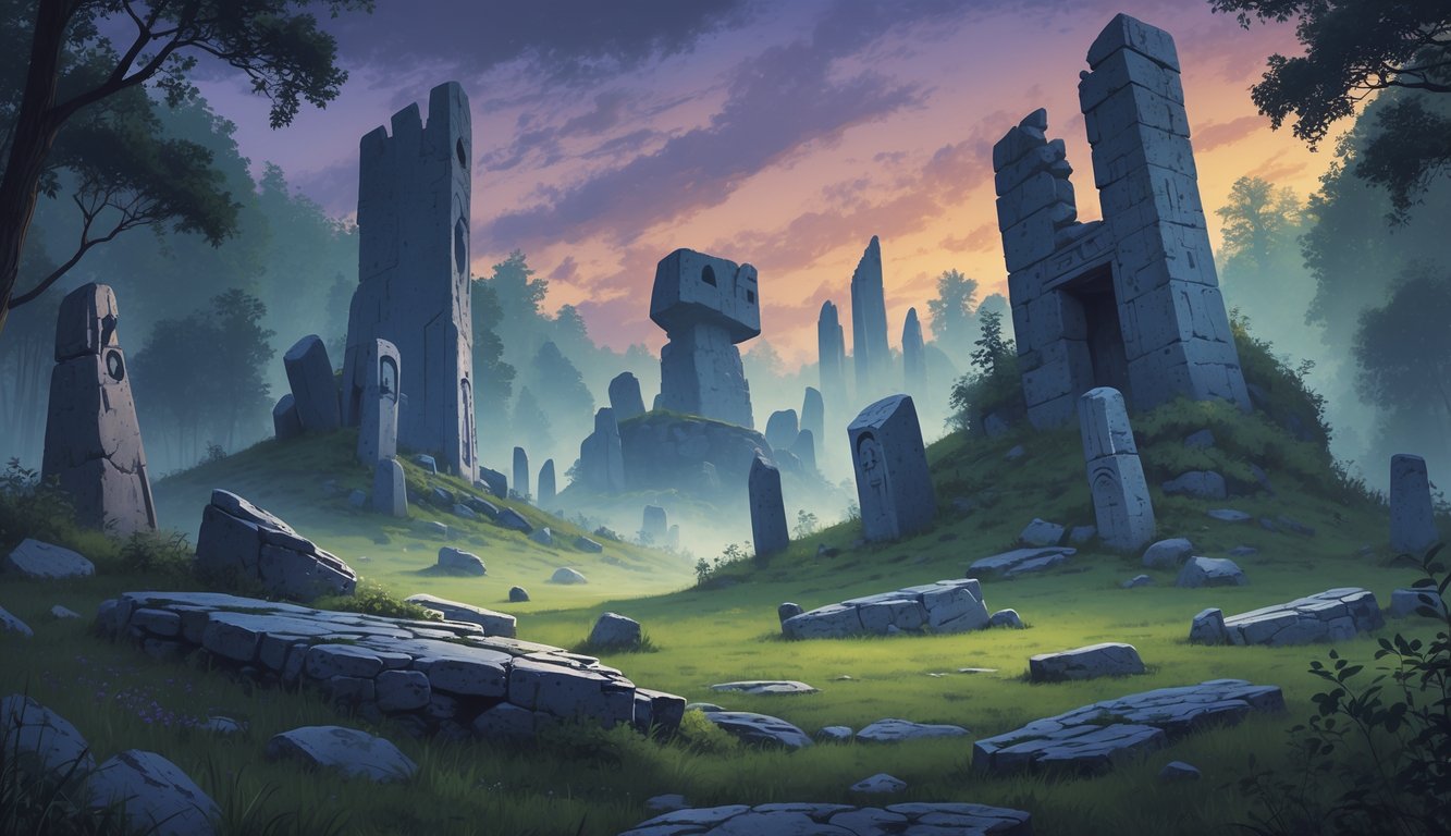 A misty forest landscape in Poland with ancient stone monuments, weathered statues, and ruined medieval towers under a twilight sky.