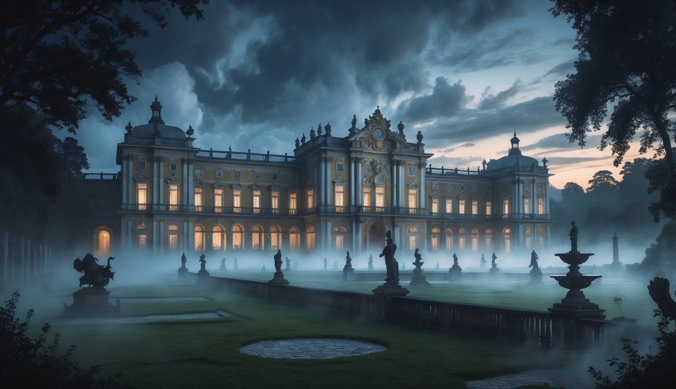 Queluz Palace at twilight surrounded by misty gardens and fountains, with shadows and mysterious silhouettes suggesting hidden historical secrets.