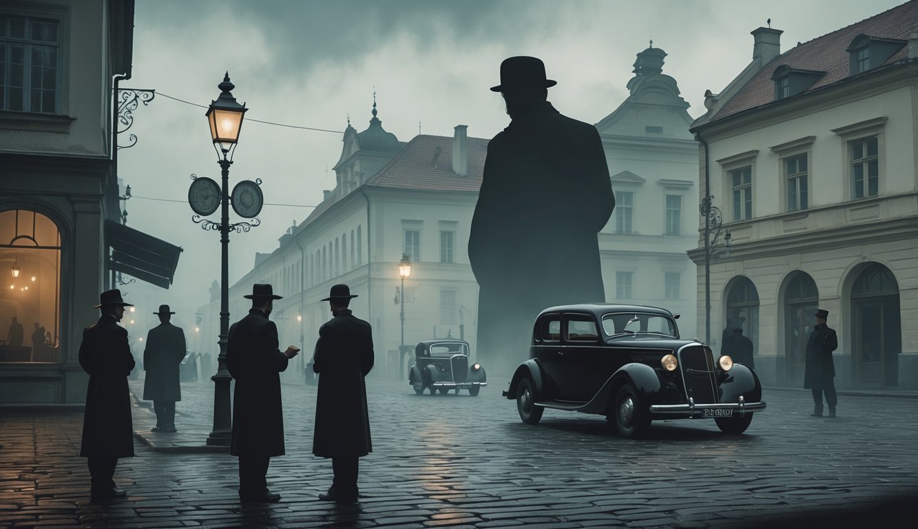 A foggy historic Polish town square with shadowy figures and an imposing silhouette of a man near a vintage car, evoking a mysterious and tense atmosphere.
