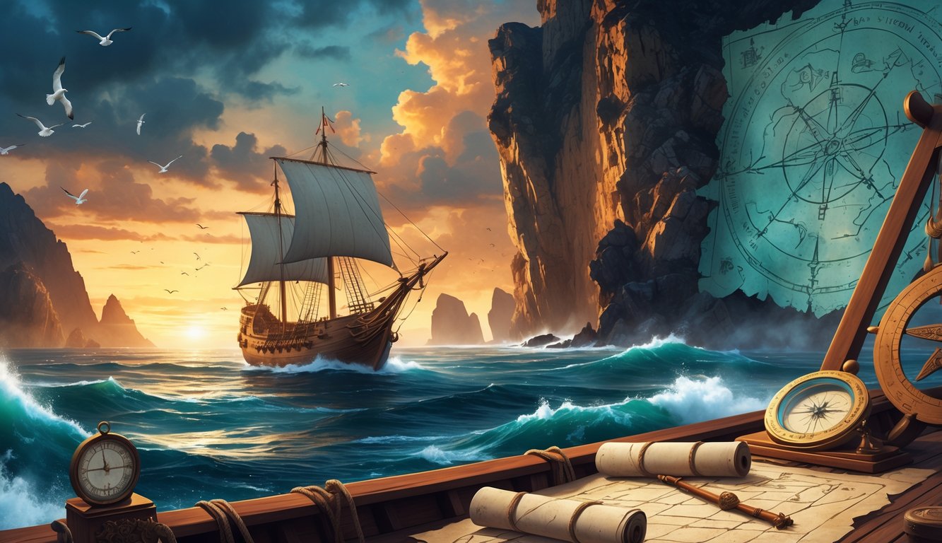 An ancient Portuguese ship sailing near a rocky coastline with a hidden carved map on stone and old navigational instruments on the ship's deck.