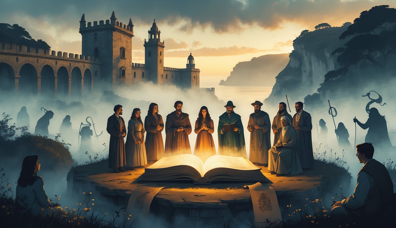A group of people gathered around an ancient glowing book in a misty Portuguese landscape with historic landmarks and ghostly figures from folklore appearing in the background.