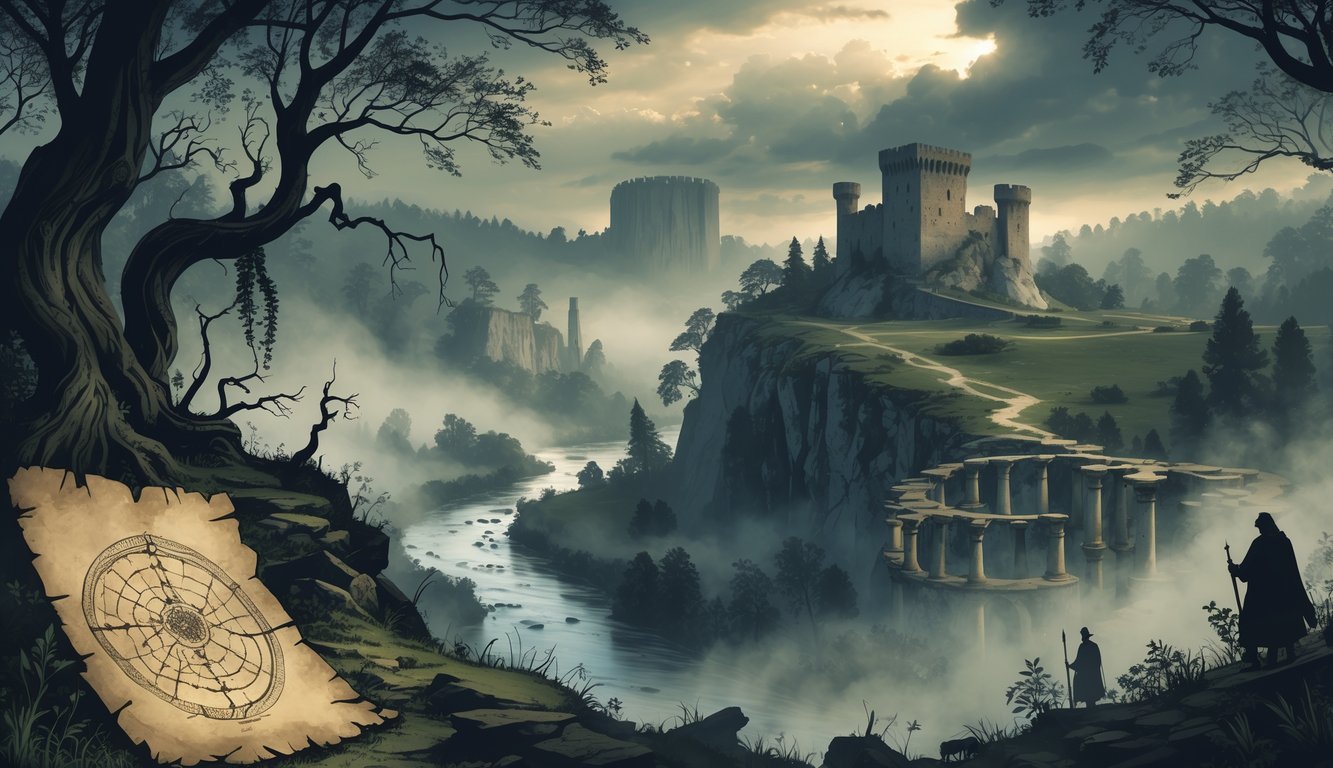 A misty forest with twisted trees near an ancient fortress on a cliff, old stone ruins in the background, and symbolic historical artifacts scattered around, creating a mysterious atmosphere.