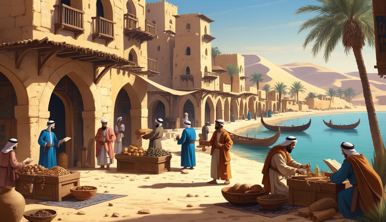 A historical merchant town in Qatar with traders exchanging goods, traditional buildings, wooden ships by the sea, and desert surroundings.