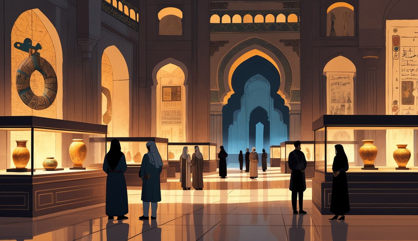 Interior of a museum in Qatar with visitors examining ancient artifacts displayed in glass cases, surrounded by traditional architectural elements.