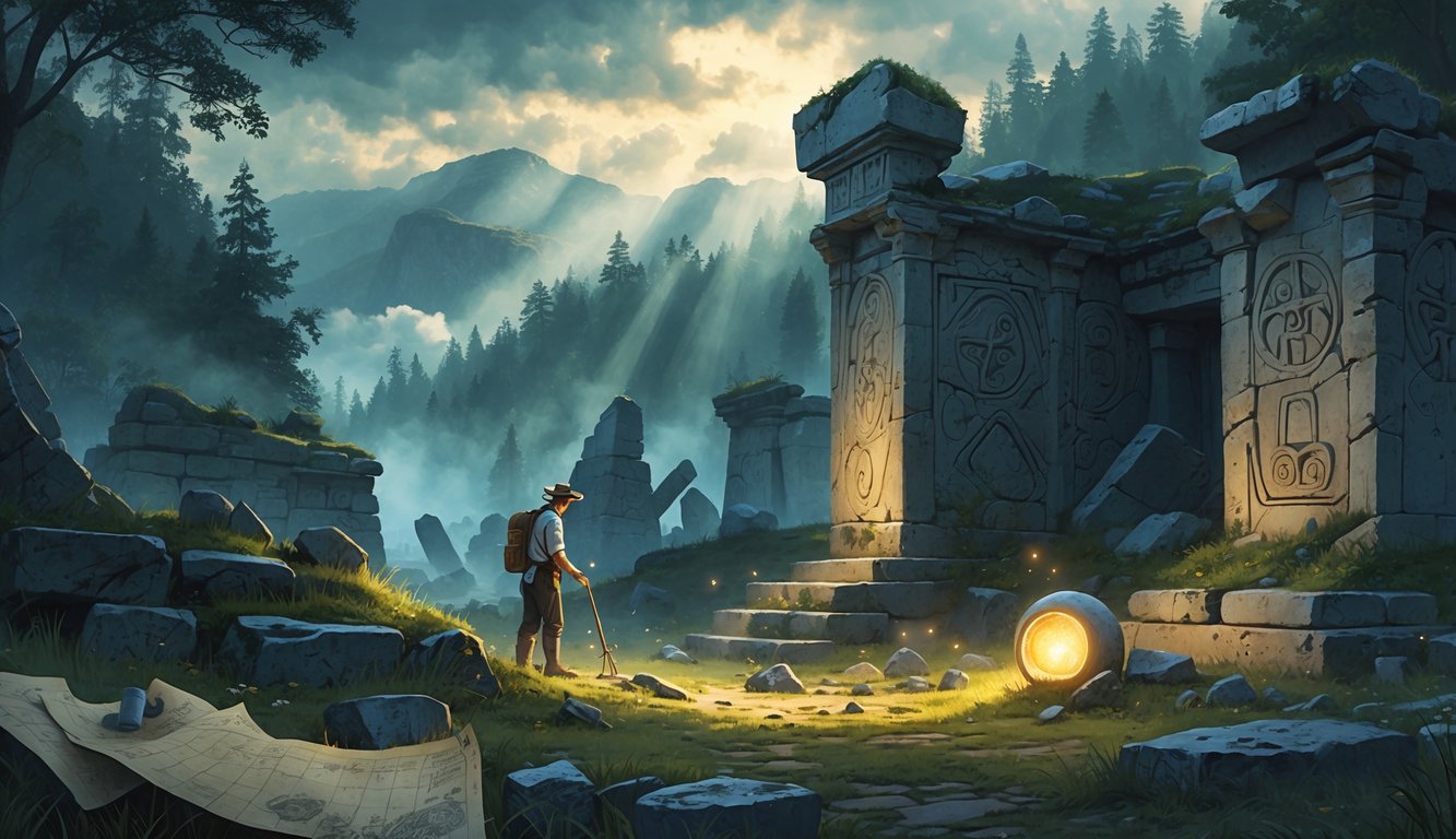 An archaeologist examining ancient stone ruins surrounded by forest and mountains, with mysterious artifacts and carvings visible.