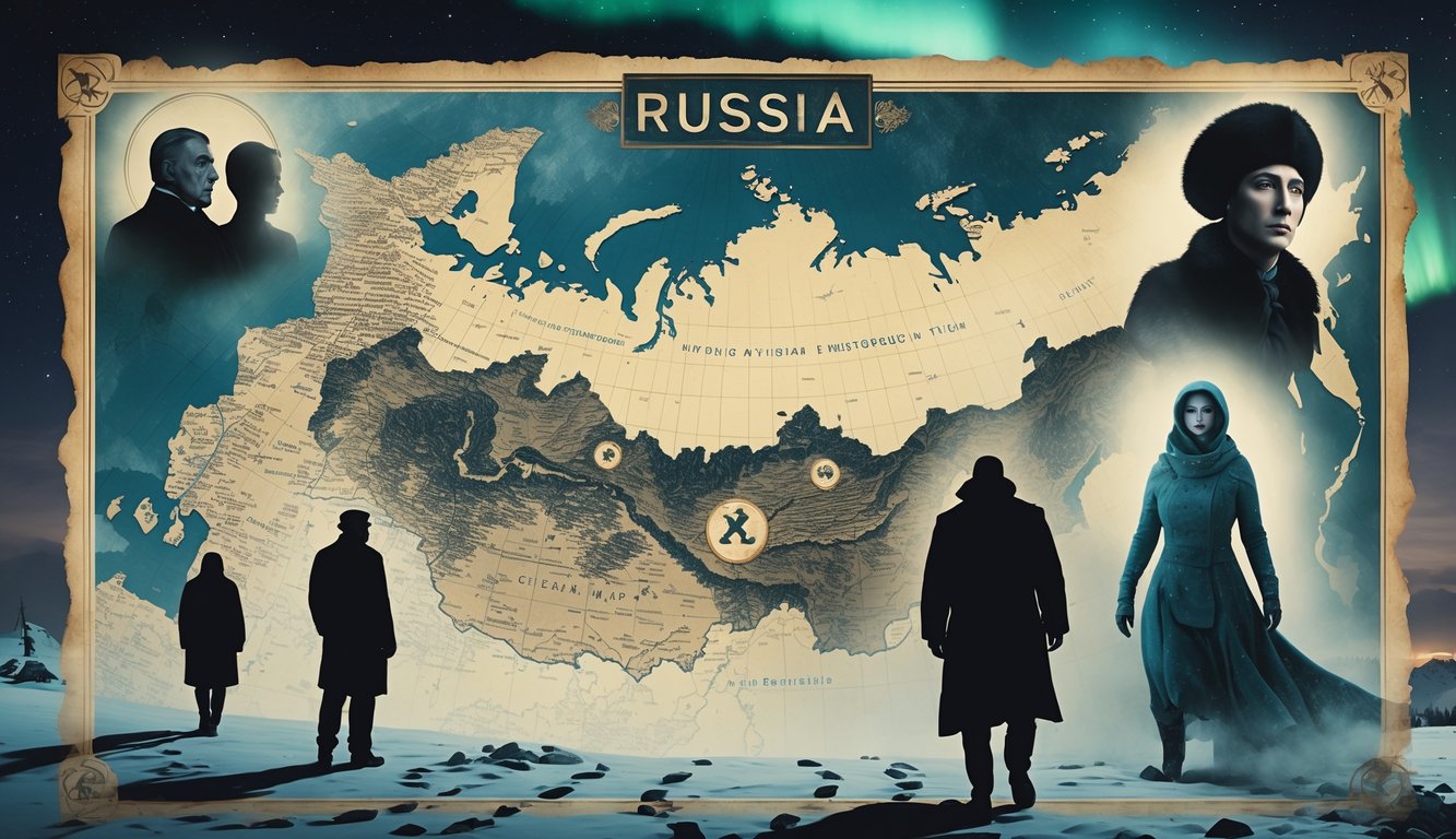 A collage showing a mysterious ancient map of Russia surrounded by ghostly images of the Romanov family, Rasputin, snowy mountains with footprints, and an ancient artifact, all under a twilight sky with northern lights.