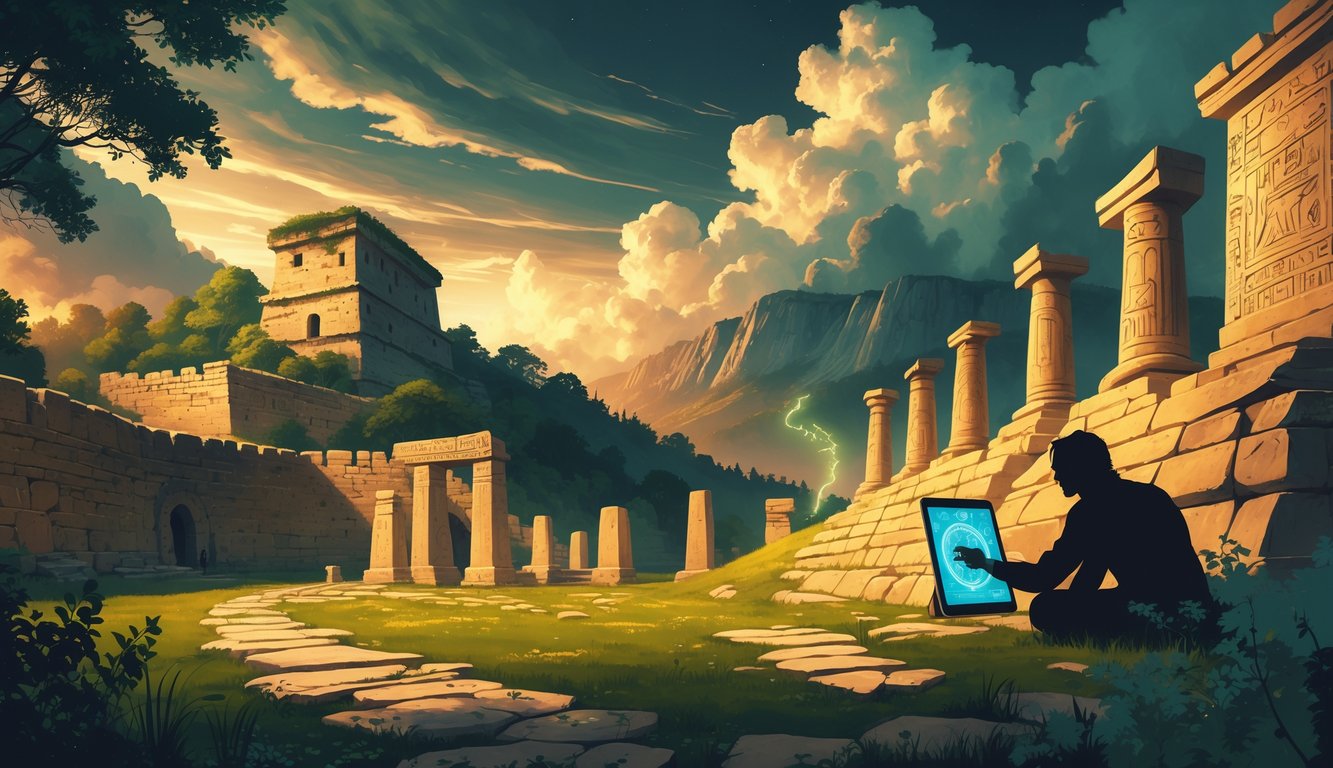 A scene showing ancient Romanian historical sites including a stone fortress, circular stone sanctuaries, and carved tablets with a person examining them, set against the Carpathian Mountains under a dramatic sky.